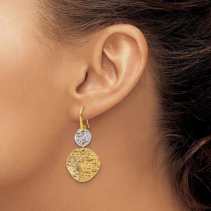 14K Solid Two Tone Gold White Shephard Hook Drop Dangle Earrings