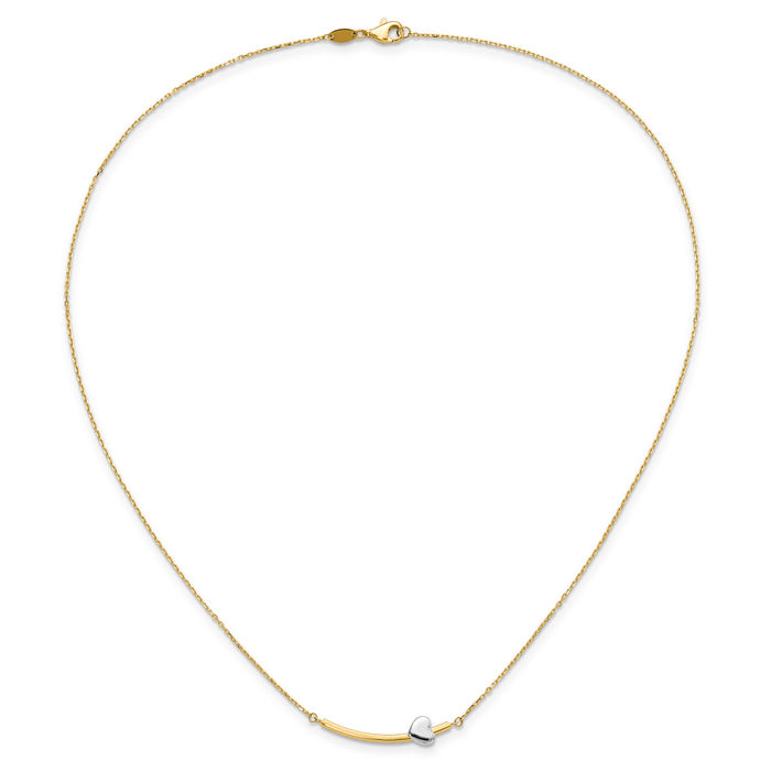 14K Solid Two Tone Gold Heart Bar Necklace Chain