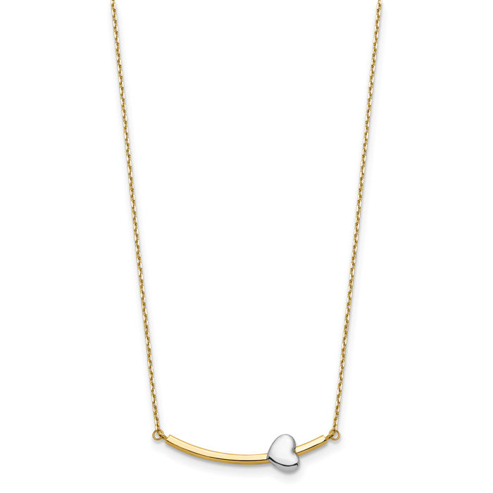 14K Solid Two Tone Gold Heart Bar Necklace Chain