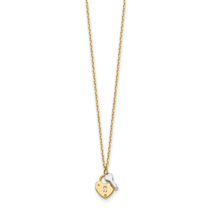 14K Solid Two Tone Gold Heart Lock Key Chain Necklace