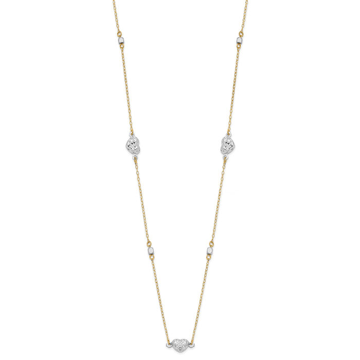 14K Solid Two Tone Gold Heart Chain Necklace