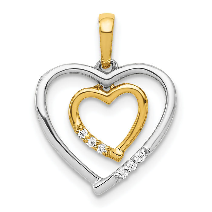 14K Solid Two Tone Gold Heart Diamond Necklace - Picture 11 of 12