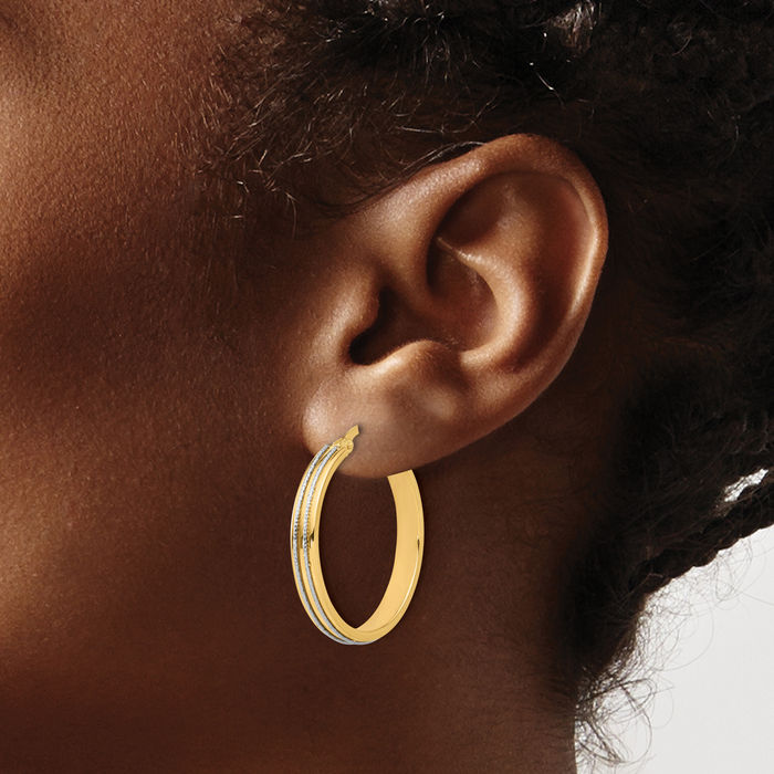 14K Solid Two Tone Gold Round Medium Hoop Earrings