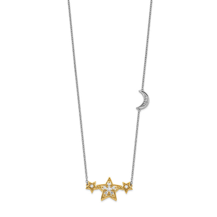 14K Solid Two Tone Gold Lab Diamond Stars Crescent Moon Chain Necklace Celestial Jewelry