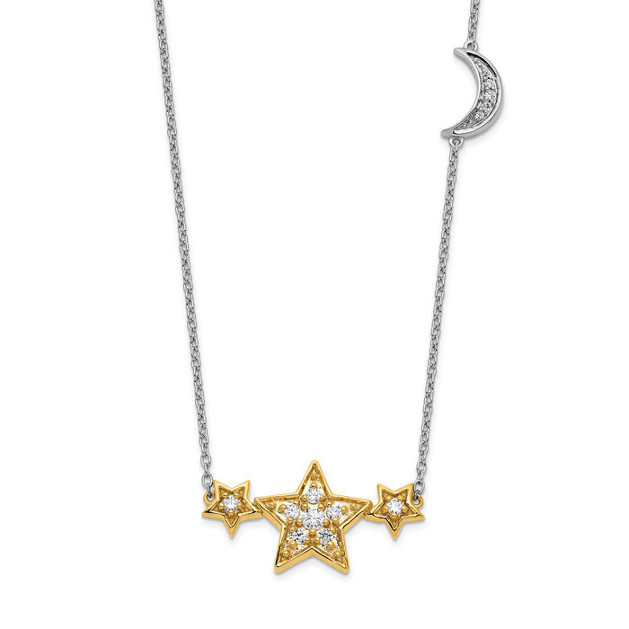 14K Solid Two Tone Gold Lab Diamond Stars Crescent Moon Chain Necklace Celestial Jewelry