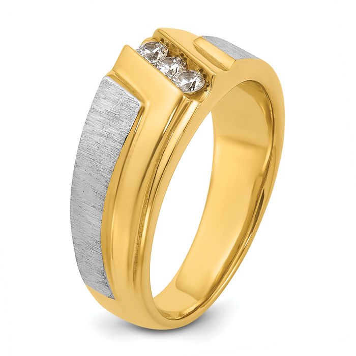 14K Solid Two Tone Gold Mens 3 Stone Diamond Wedding Band Statement Ring