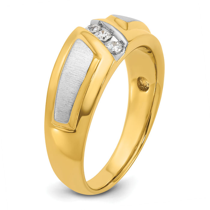 14K Solid Two Tone Gold Mens 3 Stone Diamond Wedding Band Statement Ring