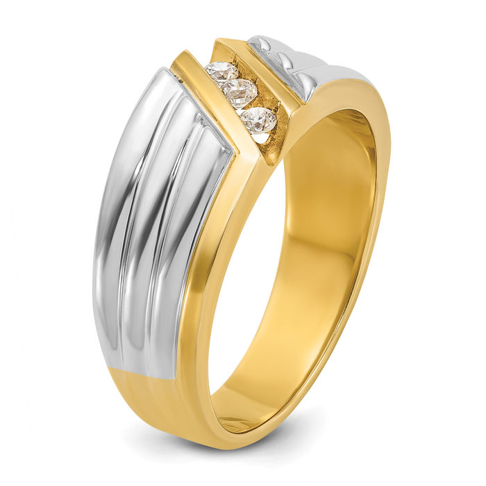 14K Solid Two Tone Gold Mens 3 Stone Diamond Wedding Band Statement Ring