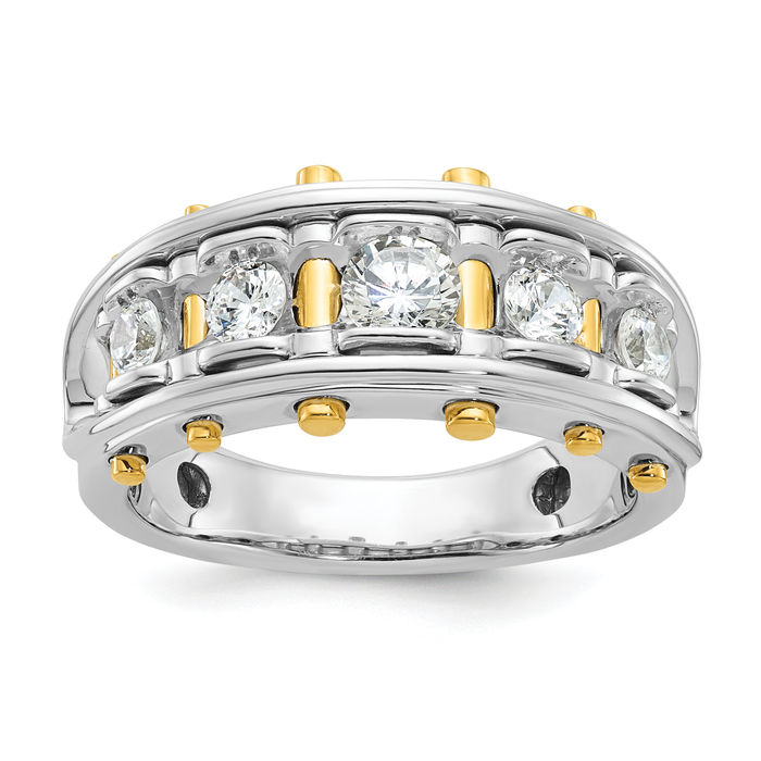 14K Solid Two Tone Gold Mens 5 Stone Diamond Statement Ring - Picture 11 of 37