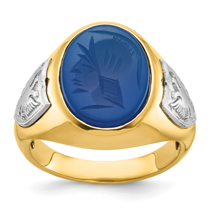 14K Solid Two Tone Gold Mens Blue Agate Statement Ring - Picture 11 of 28
