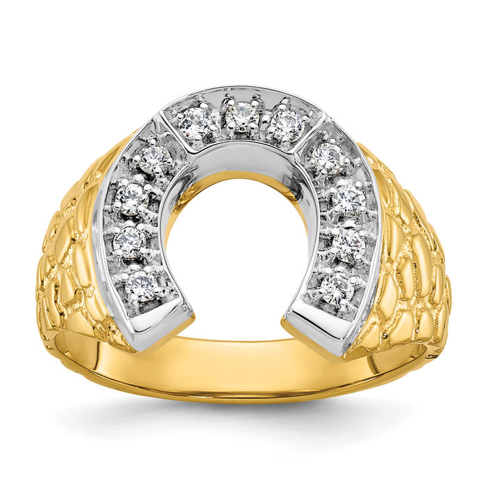 10k Yellow Gold Men's White Topaz Lucky Horseshoe Ring – Polished Gold With Carved Horse Head Design