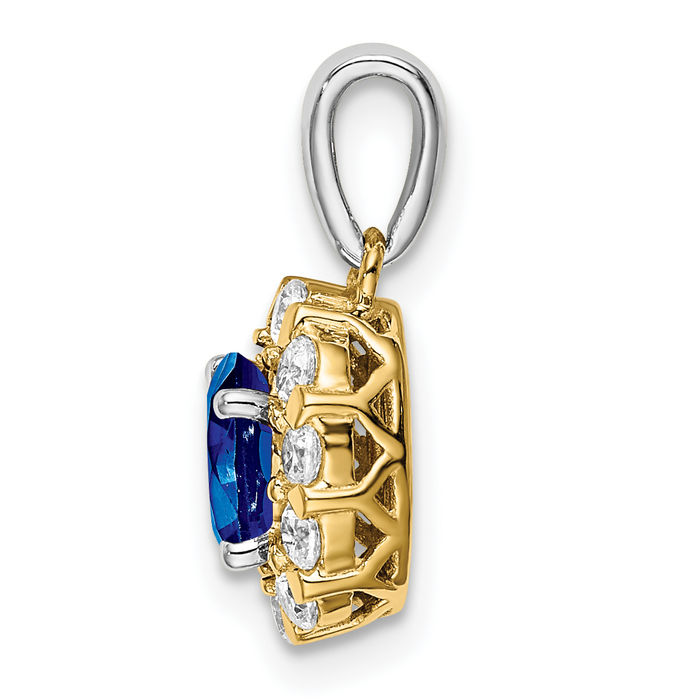 14K Solid Two Tone Gold Oval Blue Sapphire Diamond Halo Necklace Charm Gemstone Pendant