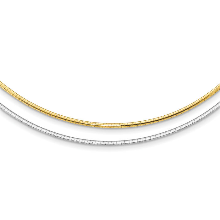 14K Solid Two Tone Gold Reversible 2mm Cubetto Omega Snake Chain Herringbone Necklace