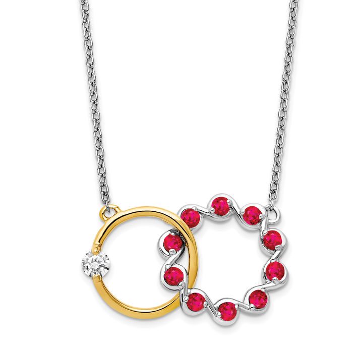14K Solid Two Tone Gold Ruby Diamond Round Chain Necklace - Picture 7 of 12