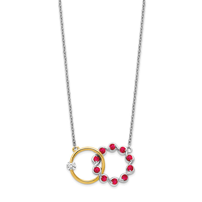 14K Solid Two Tone Gold Ruby Diamond Round Chain Necklace - Picture 8 of 12