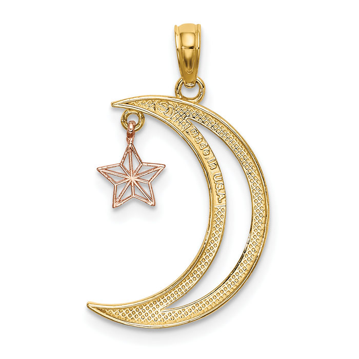 14K Solid Two Tone Gold Dangling White Crescent Moon Star Necklace Chain Pendant Charm Celestial Jewelry