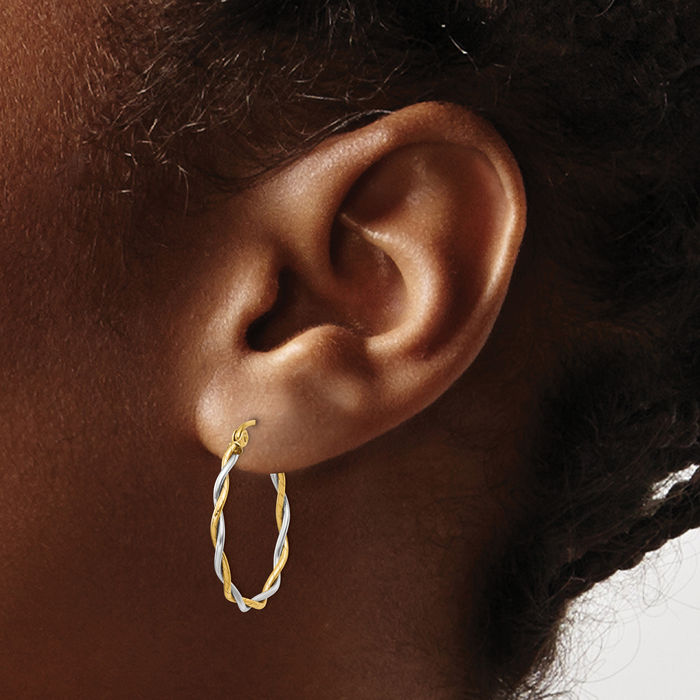 14K Solid Two Tone Gold 1.8mm Twisted Round Medium Hoop Earrings