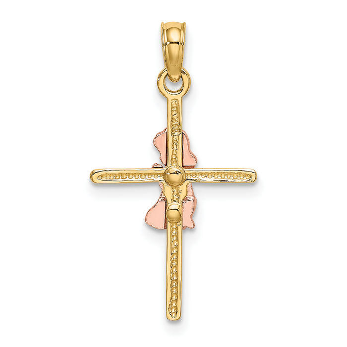 14K Solid Two Tone Gold Girl Latin Mexican Holy Cross Necklace Religious Chain Pendant Jesus Christ Charm