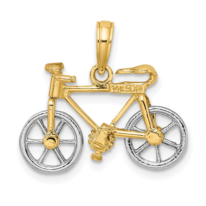 14K Solid Two Tone Gold Dangling Bicycle Bike Tires Necklace Chain Pendant Charm