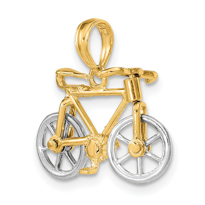 14K Solid Two Tone Gold Dangling Bicycle Bike Tires Necklace Chain Pendant Charm