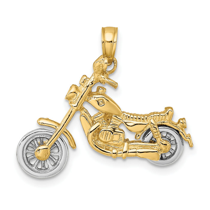 14K Solid Two Tone Gold Dangling Motorcycle Bike Necklace Chain Pendant Charm