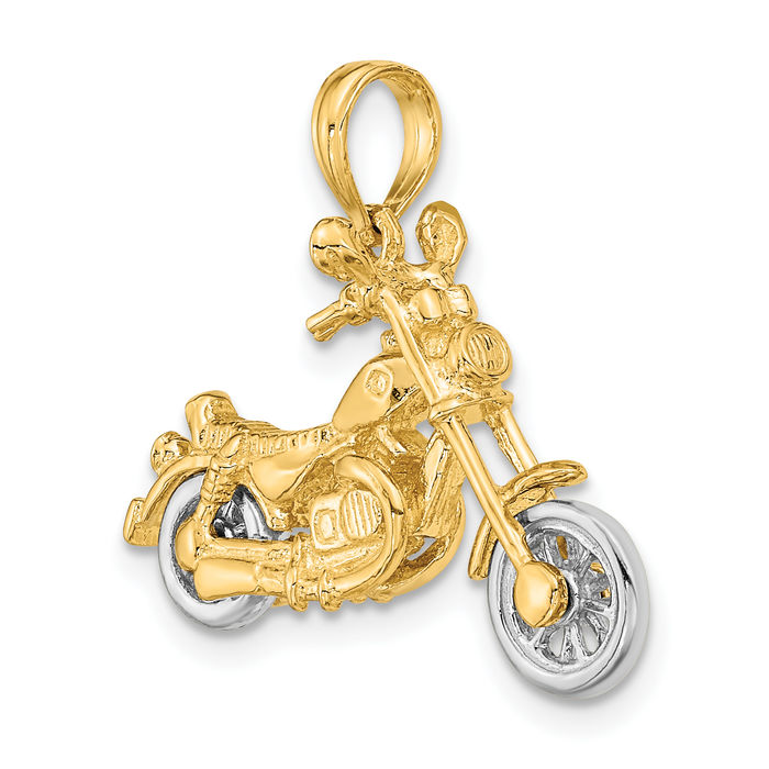 14K Solid Two Tone Gold Dangling Motorcycle Bike Necklace Chain Pendant Charm