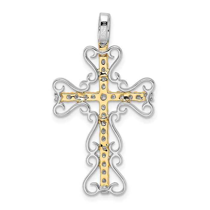 14K Solid Two Tone Gold Diamond Antique Filigree Holy Cross Necklace Religious Chain Pendant Jesus Christ Charm