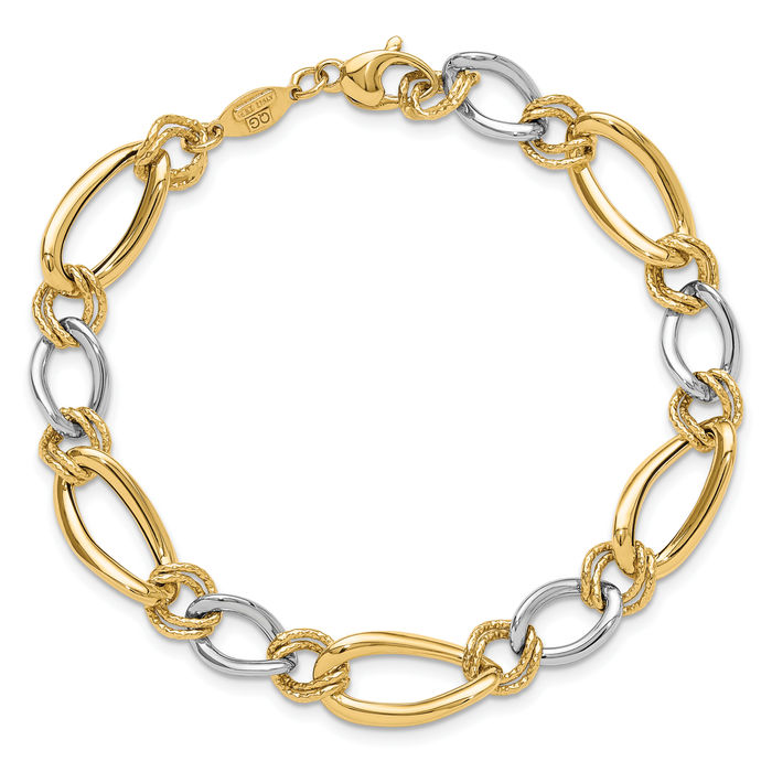 14K Solid Two Tone Gold Oval Curb Link Chain Bracelet