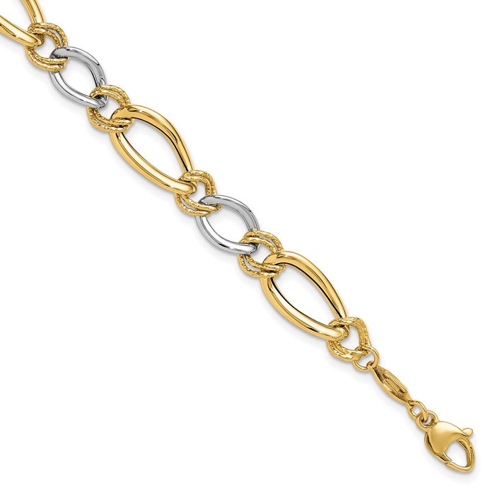 14K Solid Two Tone Gold Oval Curb Link Chain Bracelet