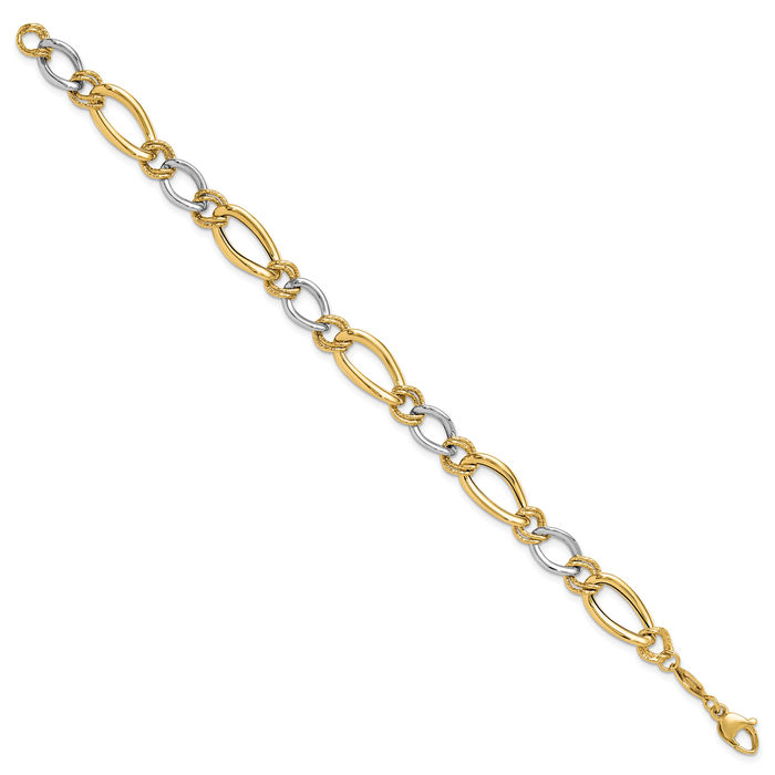 14K Solid Two Tone Gold Oval Curb Link Chain Bracelet