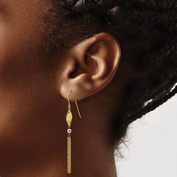 14K Solid Two Tone Gold Bead Chain Drop Dangle Earrings