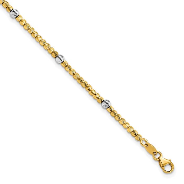 14K Solid Two Tone Gold White Beaded Ball Chain Bracelet