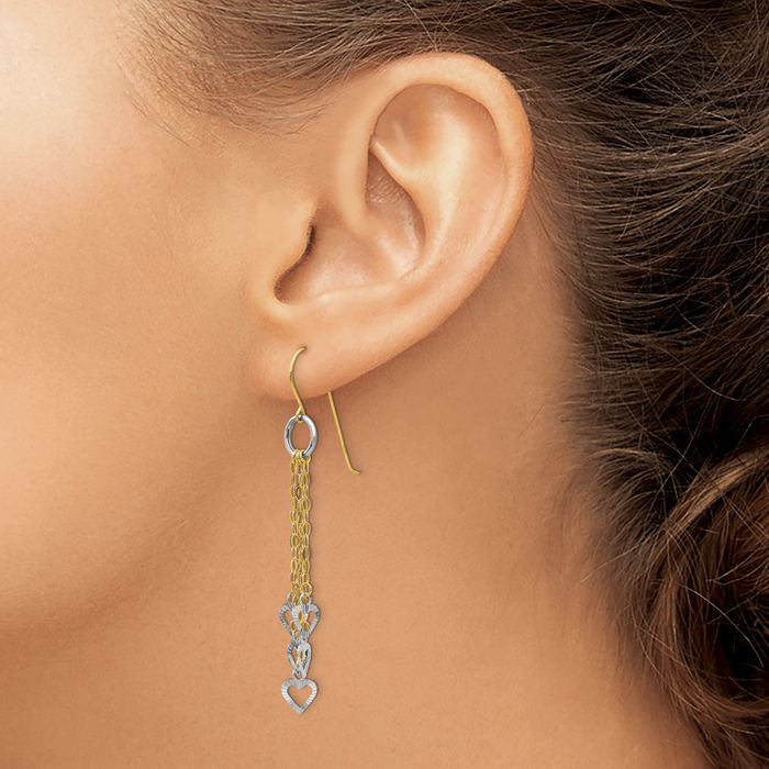 14K Solid Two Tone Gold Circle Round 5 Heart Drop Dangle Earrings