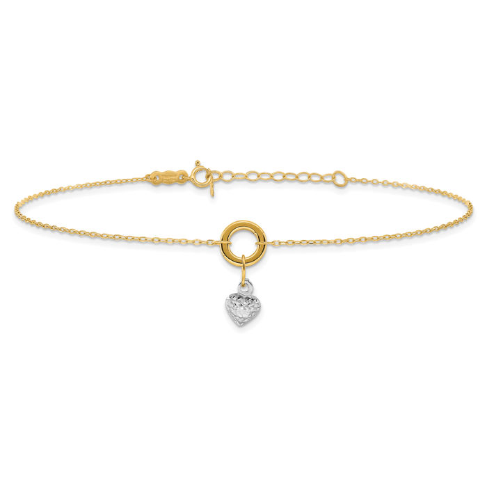 14K Solid Two Tone Gold Circle Round Heart Anklet Summer Beach Foot Ankle Bracelet