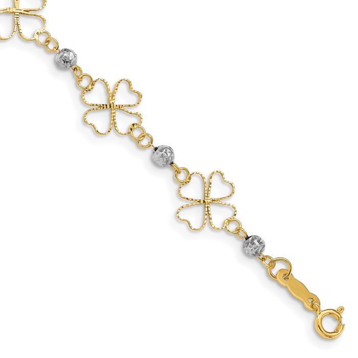 14K Solid Two Tone Gold Clover Shamrock Beads Chain Bracelet - Picture 9 of 12