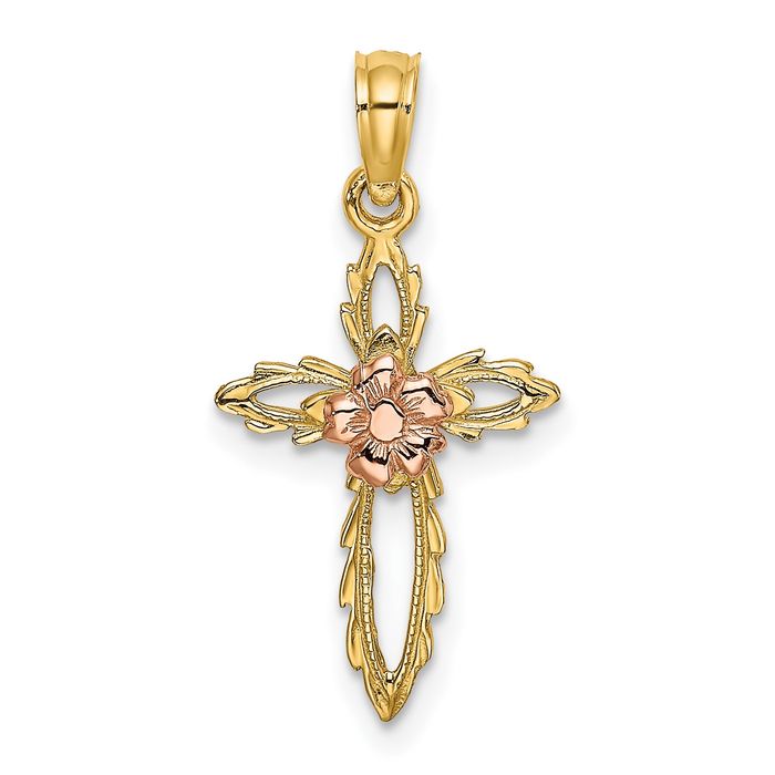 14K Solid Two Tone Gold Cross Flower Necklace