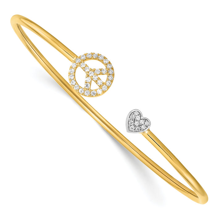 14K Solid Two Tone Gold Diamond Peace Sign Heart Cuff Bracelet