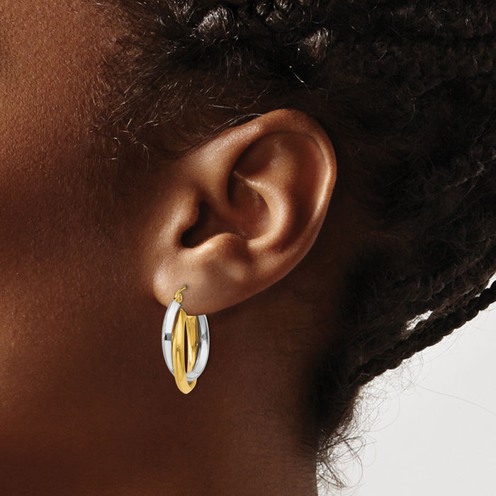 14K Solid Two Tone Gold Double Round Medium Hoop Earrings