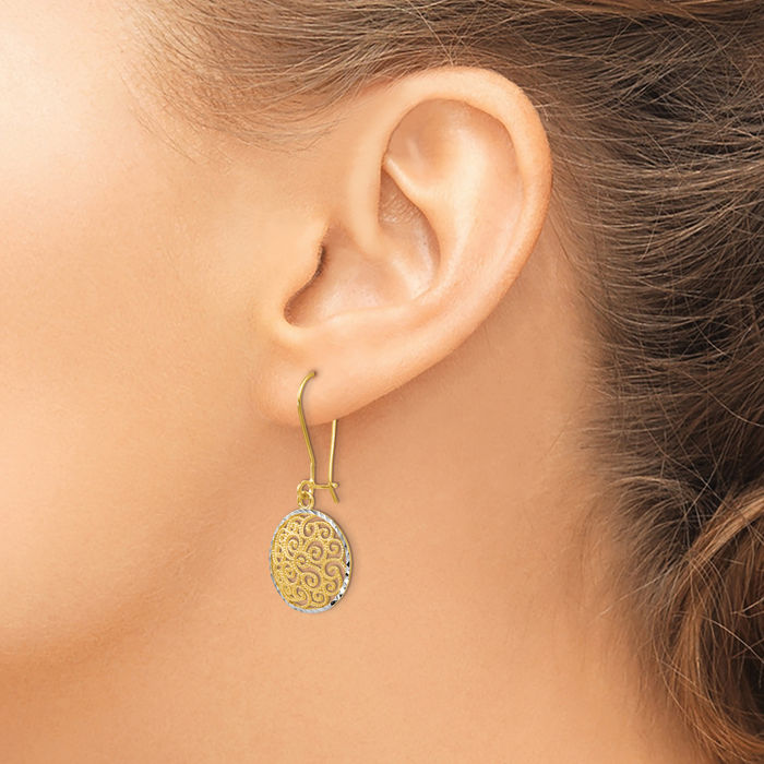 14K Solid Two Tone Gold Antique Filigree Drop Dangle Earrings