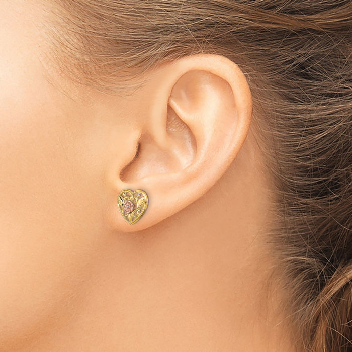 14K Solid Two Tone Gold Rose Flower Heart Stud Earrings