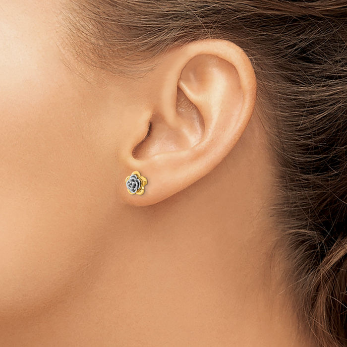 14K Solid Two Tone Gold Rose Flower Stud Earrings