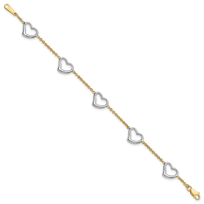 14K Solid Two Tone Gold Heart Chain Charm Bracelet