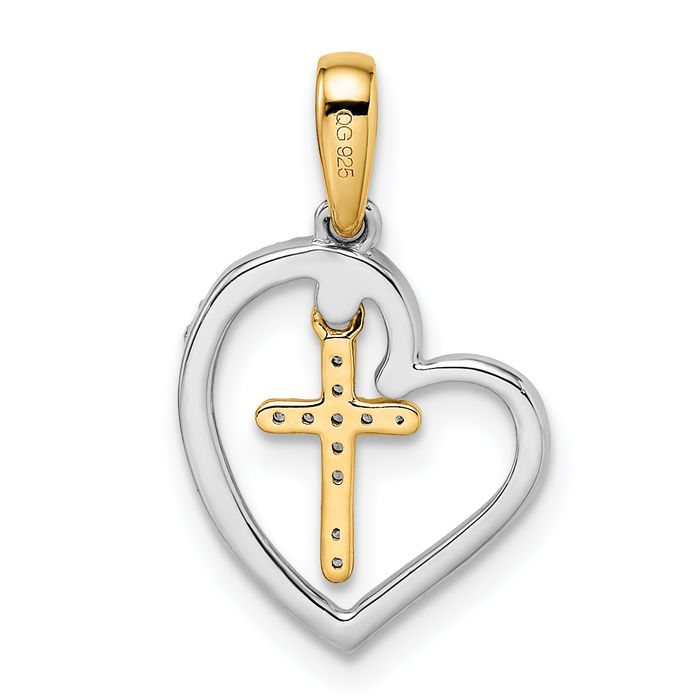 14K Solid Two Tone Gold Heart Holy Cross Diamond Necklace Religious Chain Pendant Jesus Christ Charm