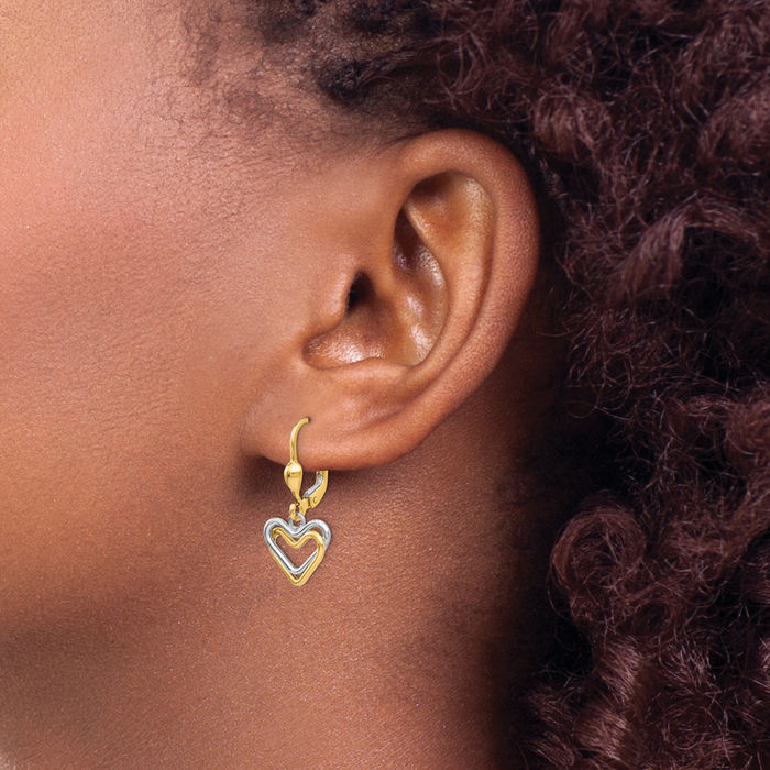 14K Solid Two Tone Gold Heart Drop Dangle Earrings