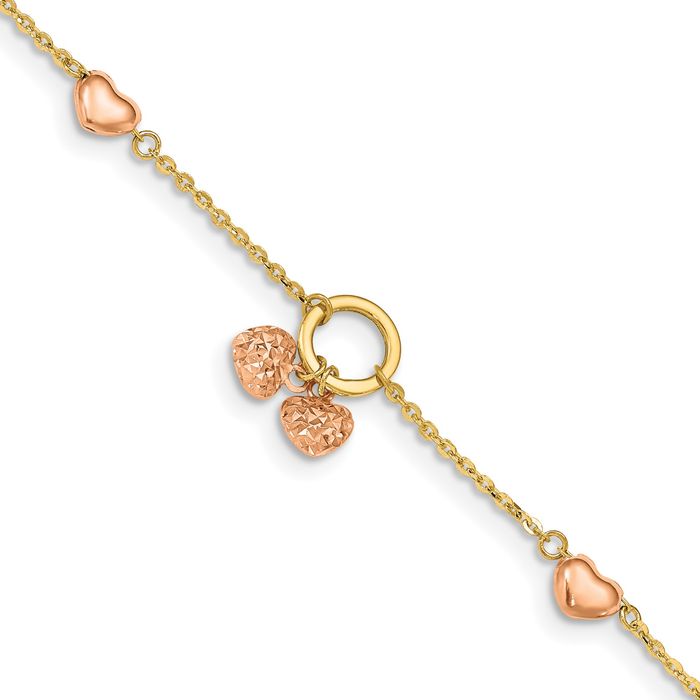 14K Solid Two Tone Gold Heart Charm Bracelet eBay