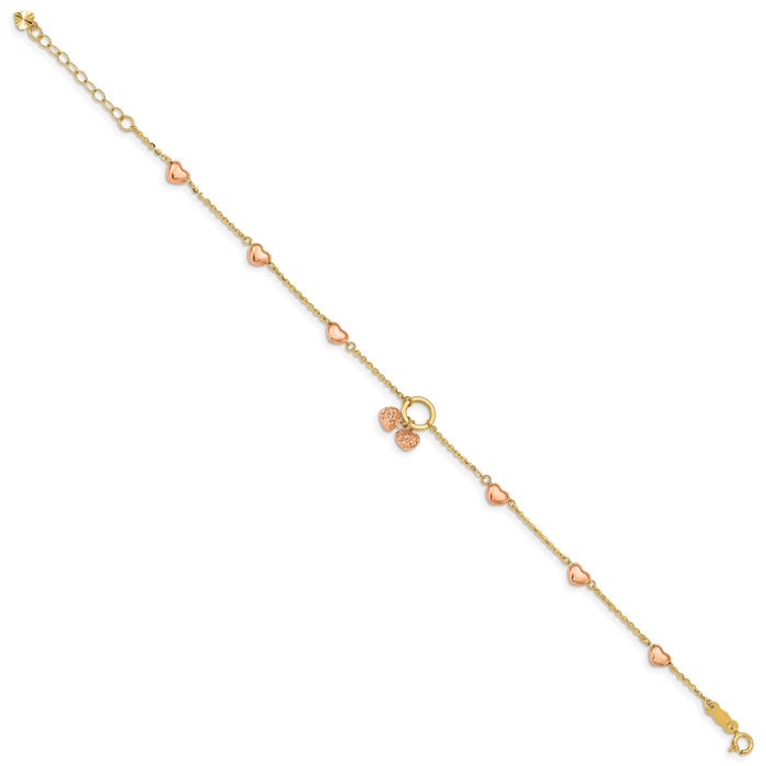 14K Solid Two Tone Gold Heart Chain Charm Bracelet