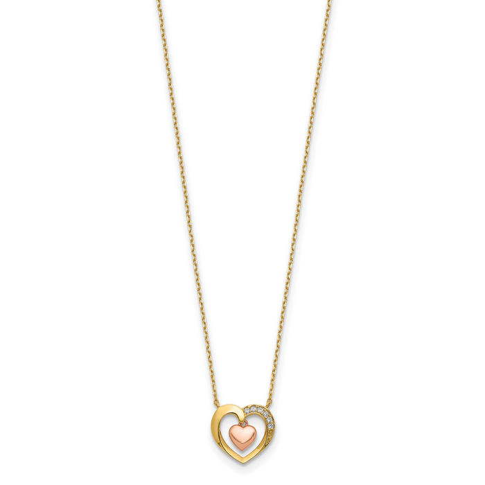 14K Solid Two Tone Gold Heart Cubic Zirconia CZ Necklace Chain