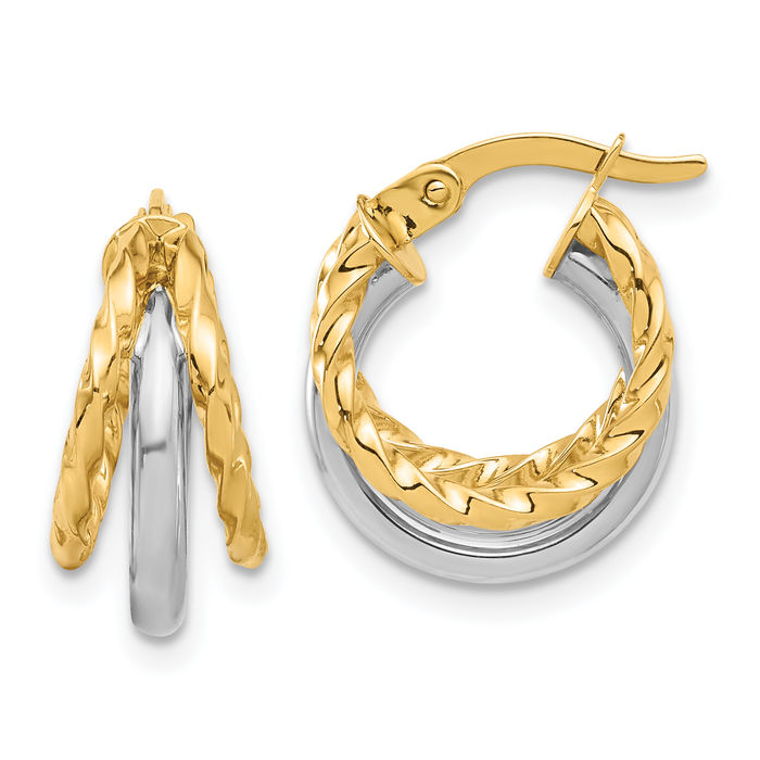 14K Solid Two Tone Gold Round Small Hoop Earrings