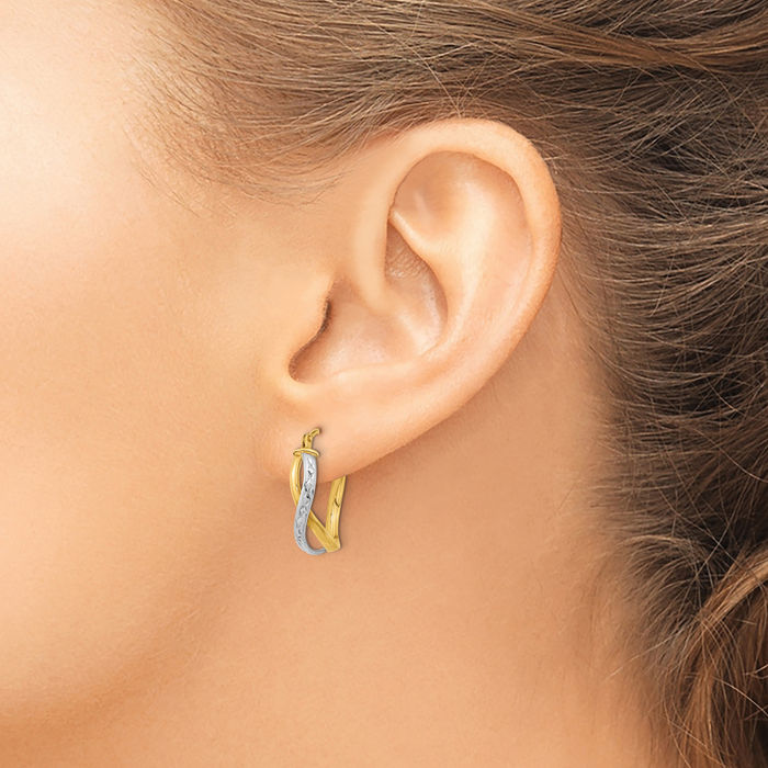 14K Solid Two Tone Gold Oval Hoop Earrings