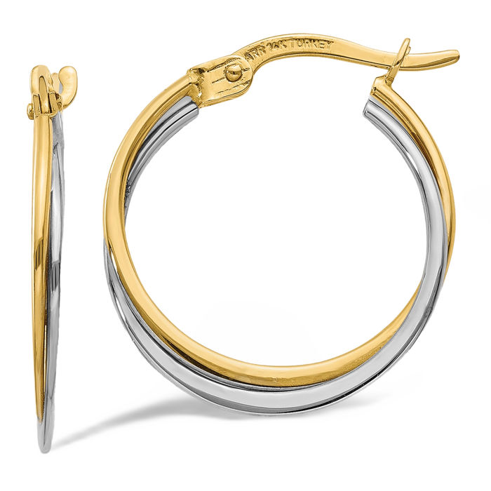 14K Solid Two Tone Gold Round Small Hoop Earrings